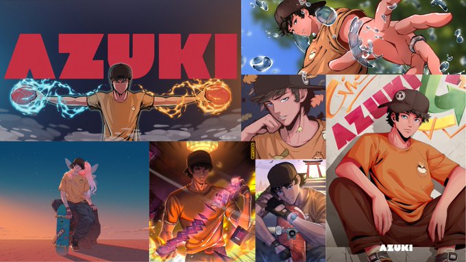 A collage showcases multiple artistic interpretations of an Azuki NFT character, depicted in various poses with elemental powers and skateboarding scenes, with the "AZUKI" logo prominently featured. The image highlights the diverse creative fan art and commissioned artwork that the Azuki community produces for its digital collectibles.