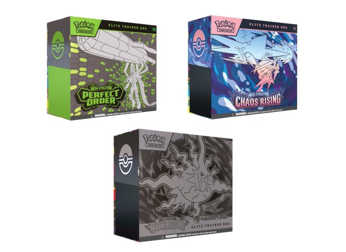 The image shows three Pokémon Elite Trainer Box covers: "Perfect Order" (green), "Mega Evolution Chaos Rising" (blue), and "Primal Clash" (Pokémon Center edition, black), which are the Elite Trainer Boxes referenced in the post. The "Perfect Order" box is highlighted as the one related to the "whale" meme about buying up the supply.