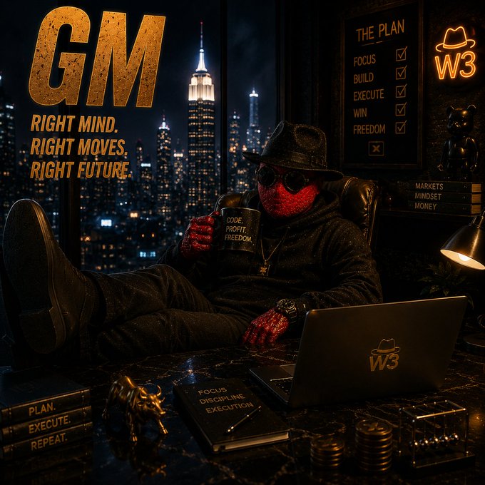 A stylized motivational image featuring a figure in a fedora and sunglasses sitting in a luxurious office with a NYC skyline view, holding a mug reading 'CODE. PROFIT. FREEDOM.' with 'GM RIGHT MIND. RIGHT MOVES. RIGHT FUTURE.' text and a 'W3' badge.