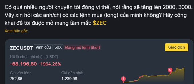 A Vietnamese-language cryptocurrency post about ZECUSDT showing significant losses of -68,196.80 (-1964.26%) with entry price 752.86 and current price 1,239.98.