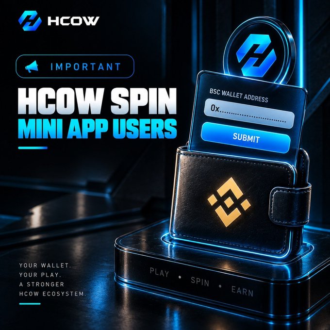 An advertisement for 'HCOW SPIN MINI APP USERS' featuring a glowing crypto wallet graphic with a BSC wallet address input field and a 'SUBMIT' button, accompanied by the text 'YOUR WALLET. YOUR PLAY. A STRONGER HCOW ECOSYSTEM. PLAY • SPIN • EARN'.