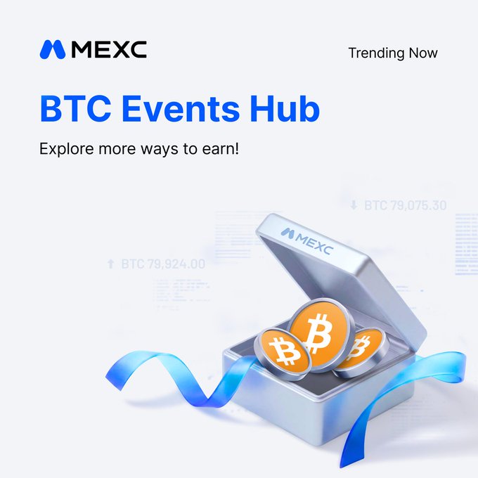 MEXC's "BTC Events Hub" promotional graphic features a metallic box branded with the MEXC logo and filled with gold Bitcoin coins wrapped in a blue ribbon, alongside BTC price tickers showing $79,924.00 and $79,075.30. The visual reinforces the campaign's message of exploring Bitcoin trading opportunities and earning rewards on the platform.