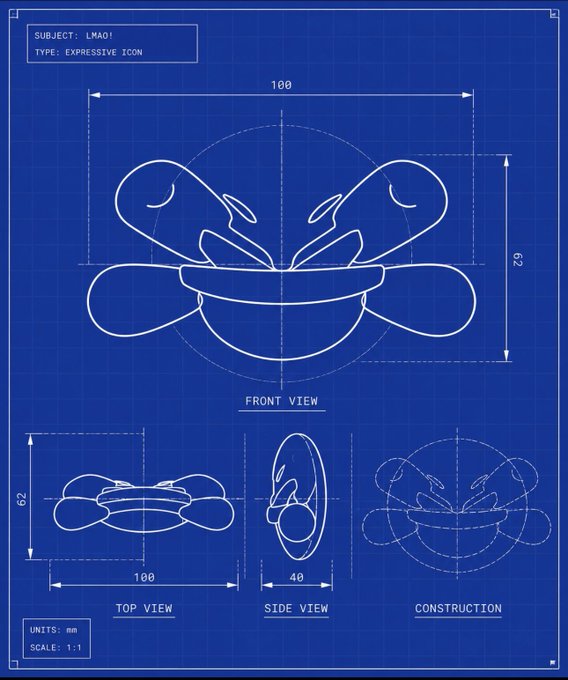 A blue blueprint-style technical drawing labeled 'SUBJECT: LMAO!' showing front, top, side, and construction views of a face/butt expressive icon, with dimensions in mm and scale 1:1.