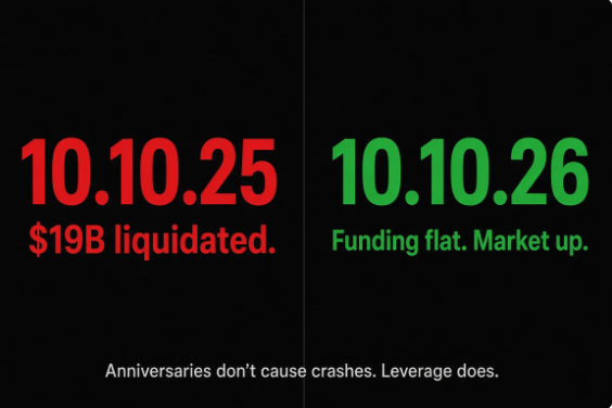 A graphic comparing '10.10.25 $19B liquidated' in red text with '10.10.26 Funding flat. Market up.' in green text, stating 'Anniversaries don't cause crashes. Leverage does.'