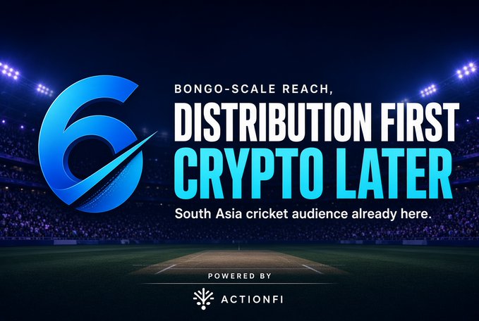 A promotional graphic with a cricket stadium background featuring a large blue '6' logo and the text 'BONGO-SCALE REACH, DISTRIBUTION FIRST CRYPTO LATER — South Asia cricket audience already here.' Powered by ACTIONFI.