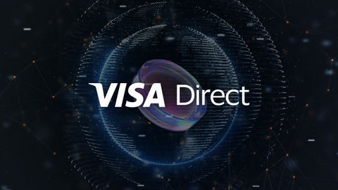 A promotional graphic for 'VISA Direct' displayed against a dark, futuristic circular interface with a colorful sphere in the center.