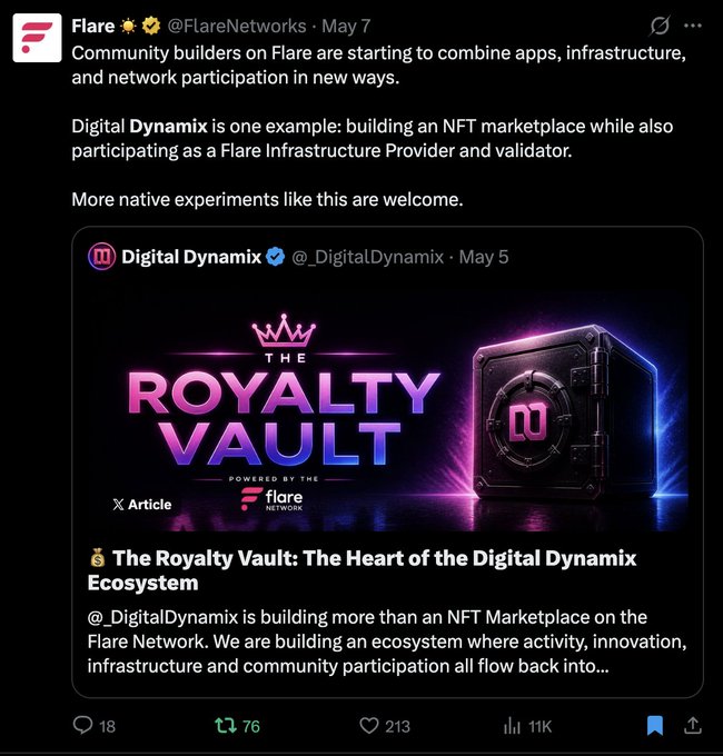 A tweet from @FlareNetworks discussing how community builders like Digital Dynamix are combining apps, infrastructure, and network participation, with an embedded promotion for 'The Royalty Vault' NFT marketplace.