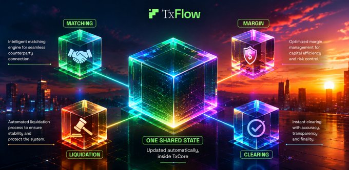 The image is a promotional graphic for **TxFlow**, showcasing its "TxCore" architecture through a central glowing cube connected to four satellite cubes labeled **Matching**, **Margin**, **Liquidation**, and **Clearing**—each representing a core trading function (e.g., "Intelligent matching engine," "Optimized margin management," "Automated liquidation process," "Instant clearing"). The accompanying post highlights how TxFlow moves beyond simple on-chain trading by embedding the entire execution logic—matching, margin, liquidation, and clearing—directly into consensus via TxCore's "One Shared State," making each trade's lifecycle deterministic and replayable, as visually emphasized by the interconnected, holographic design.