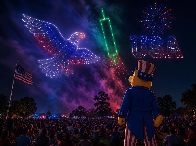 A patriotic bear character wearing a star-spangled top hat and striped pants stands before a crowd watching a Fourth of July drone show featuring an eagle, fireworks, and "USA" illuminated in the night sky, perfectly capturing the festive spirit of Independence Day.