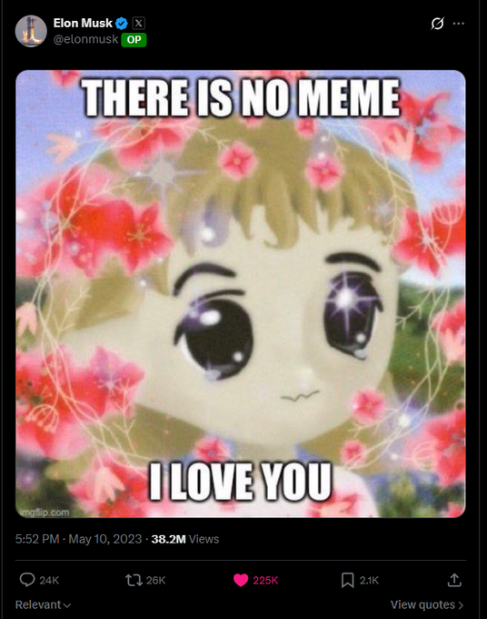 A tweet from Elon Musk (@elonmusk) featuring a sparkly-eyed anime character with pink flowers, captioned "THERE IS NO MEME" and "I LOVE YOU," which has gained 38.2M views, 225K likes, and 2.1K bookmarks. The accompanying commentary draws a parallel to Jack Butcher's "VV Checks" project, suggesting the post's viral success signals a good time for an NFT launch.
