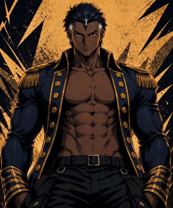 A dark-skinned anime man with a white streak in his black hair wears an open navy and gold military jacket showing his muscular chest, set against a yellow and black radial burst background.