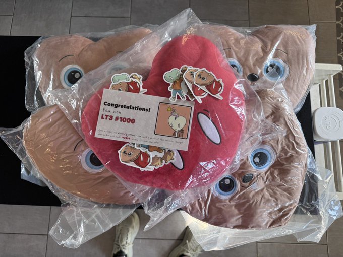 A photograph shows several plush toys packaged in plastic, including a red heart pillow and other character plushies, with a 'Congratulations! You won LT3 $1000' card placed on top.