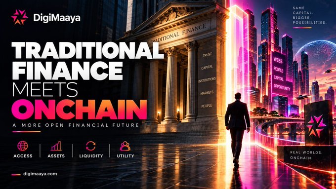 A promotional graphic for 'DigiMaaya' with the tagline 'TRADITIONAL FINANCE MEETS ONCHAIN — A MORE OPEN FINANCIAL FUTURE,' featuring a businessman walking toward a neon-lit futuristic cityscape with sections for Access, Assets, Liquidity, and Utility.