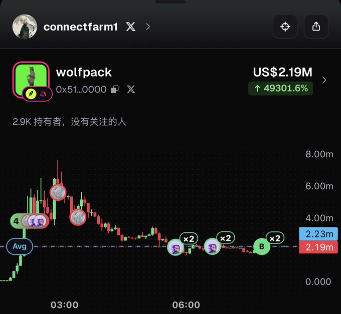A cryptocurrency tracking screenshot showing a token named 'wolfpack' with a market cap of US$2.19M and a staggering 49,301.6% gain, displayed on the 'connectfarm1' profile.