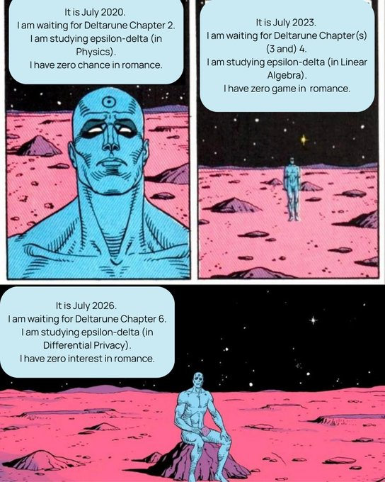 A three-panel comic featuring Dr. Manhattan from Watchmen, humorously depicting his progression over time: in July 2020 he's waiting for Deltarune Chapter 2 and studying epsilon-delta in Physics, in July 2023 he waits for Chapters 3 and 4 while studying Linear Algebra, and by July 2026 he waits for Chapter 6 while studying Differential Privacy.