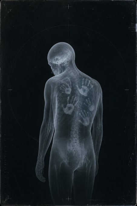 A dark, x-ray style artistic image of a human figure viewed from behind, showing the skeletal structure with multiple ghostly handprints pressed against its back.