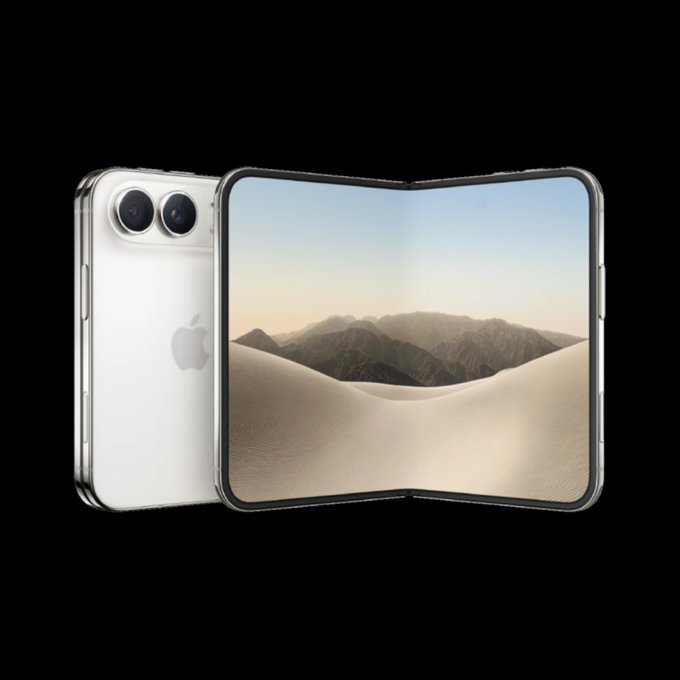 A product render of a silver foldable Apple device, showing both its exterior dual-camera setup with an Apple logo and its unfolded interior screen displaying a desert landscape.
