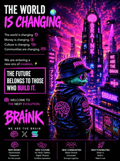 A vibrant cyberpunk promotional poster titled 'THE WORLD IS CHANGING' featuring the brand 'BRAINK' with an alien-like character wearing a bucket hat in a neon cityscape, promoting new money, culture, communities, and possibilities.