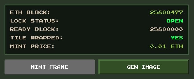 A terminal-style interface displays blockchain minting information including 'ETH BLOCK: 25600477', 'LOCK STATUS: OPEN', 'READY BLOCK: 25600000', 'TILE WRAPPED: YES', and 'MINT PRICE: 0.01 ETH', along with buttons to 'MINT FRAME' and 'GEN IMAGE'.