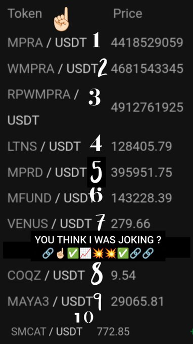 A cryptocurrency price list showing tokens like MPRA/USDT (4418529059), WMPRA/USDT (4681543345), and others with high prices, overlaid with numbered fingers counting 1-10 and text saying 'YOU THINK I WAS JOKING ?' with various emojis.