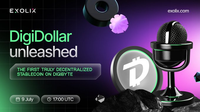The image is a promotional graphic for Exolix announcing "DigiDollar unleashed" — described as "The First Truly Decentralized Stablecoin on DigiByte" — scheduled for 9 July at 17:00 UTC, featuring a microphone and a D-lettered coin logo. The accompanying post expresses excitement about the upcoming discussion of this decentralized stablecoin launch on DigiByte.