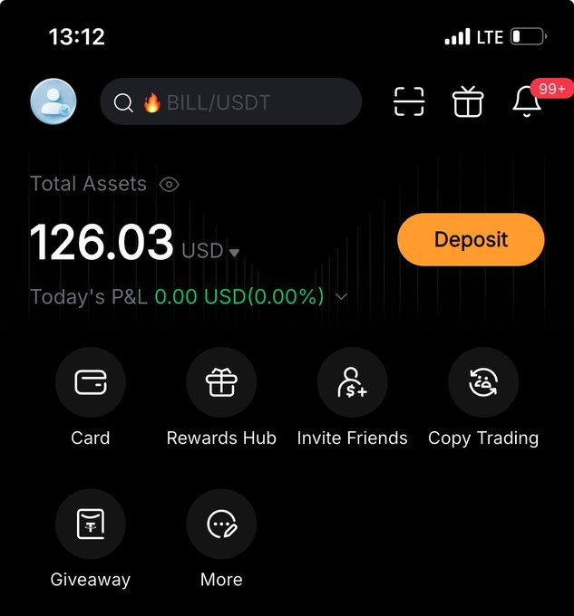 The image shows a cryptocurrency trading app displaying a total balance of 126.03 USD with 0.00 USD P&L, featuring menu options like Card, Rewards Hub, Invite Friends, Copy Trading, and Giveaway. The screenshot illustrates modest crypto earnings, aligning with the post celebrating a steady weekly $10 income from web3 jobs contributing to the user's balance.
