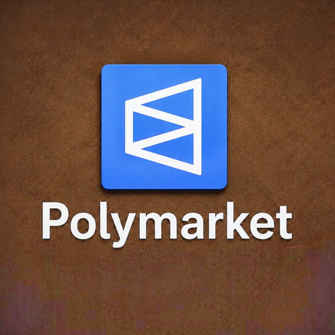 The Polymarket logo displayed on a brown textured background, featuring a blue square with a white geometric arrow design.