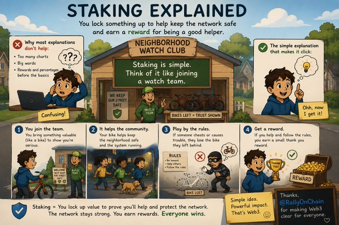 An illustrated infographic titled 'Staking Explained' that uses a 'Neighborhood Watch Club' analogy to explain cryptocurrency staking simply.