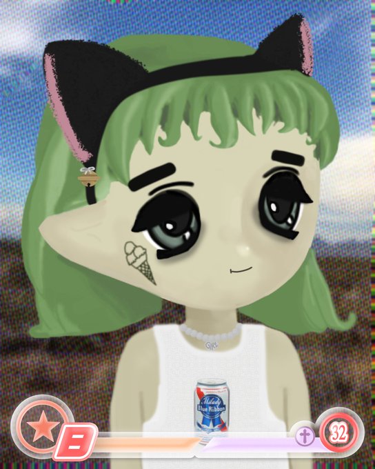 A virtual avatar of a green-haired character with cat ears wearing a white tank top with a Bud Light Ribbon graphic and a small ice cream cone face tattoo, shown in a game interface.