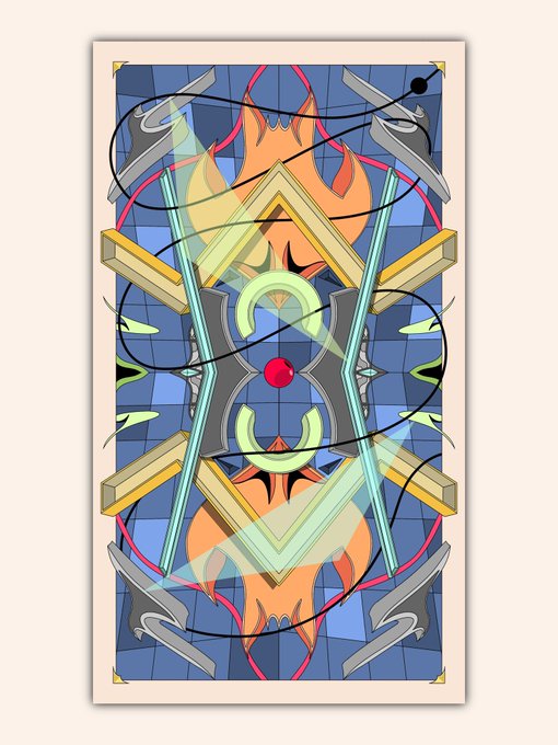 A symmetrical, kaleidoscopic digital artwork featuring geometric shapes, flames, swords, and axes on a blue checkered background.