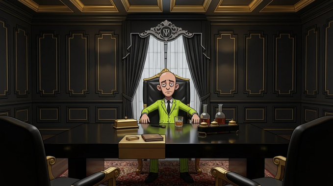 An illustration of a bald man in a bright green suit sitting behind a large dark desk in a dimly lit, ornate room with a 'M' emblem above the curtained window.