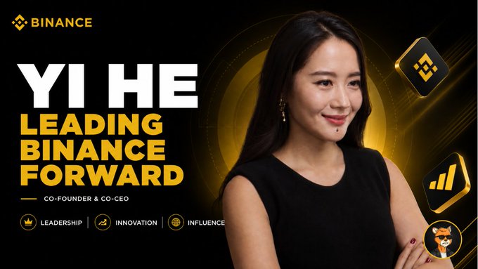 The image features a woman with long hair wearing a black dress standing against a black background. The text "Yi He" is written above her head, while "Leading Binance Forward" is below her. There are also several other elements in the image that contribute to its overall composition and context.