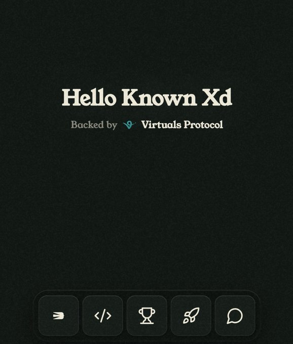 A dark-themed app interface displays "Hello Known Xd" at the top with the text "Backed by Virtuals Protocol" beneath it, featuring a small blue logo between the phrases. At the bottom, a navigation bar contains five icon buttons—including a rocket, code brackets, trophy, rocket, and chat bubble—reflecting the post's mention of the new Commons interface supported by Virtuals Protocol and its various features like AI tools and grants.