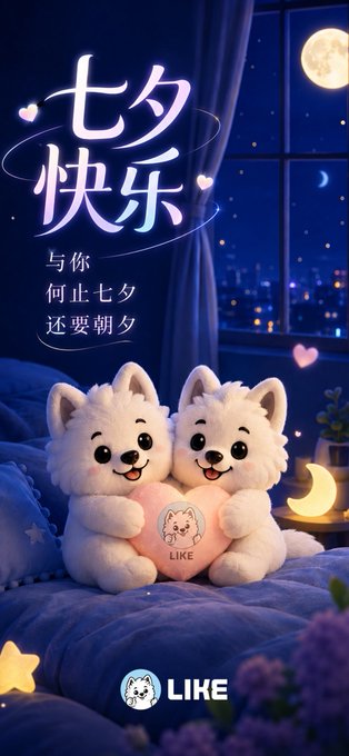 Two adorable fluffy white dogs cuddle on a bed holding a pink heart labeled "LIKE" against a dreamy night-sky backdrop featuring a full moon. Large text reads "七夕快乐" (Happy Qixi Festival) with a smaller message "与你何止七夕 还要朝夕" expressing everlasting love beyond Qixi, promoting a $LIKE token giveaway celebration tied to the romantic Chinese festival.

The bottom shows the LIKE logo.