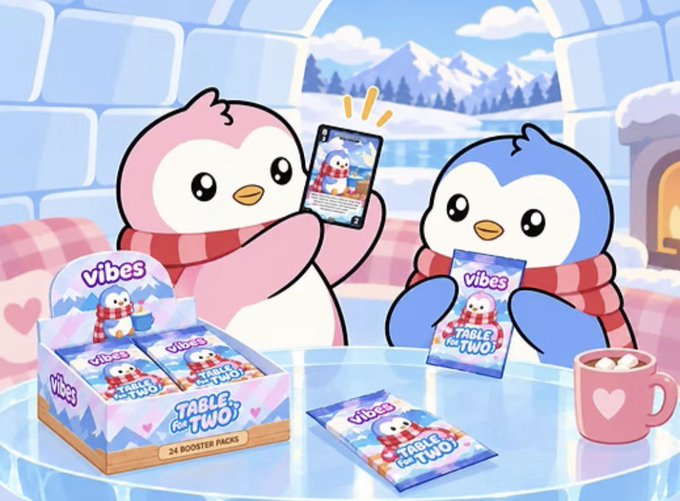 Two cartoon penguins in scarves admire a trading card while sitting at an igloo table with a display box labeled 'Vibes Table for Two' containing 24 booster packs and a mug of hot cocoa.