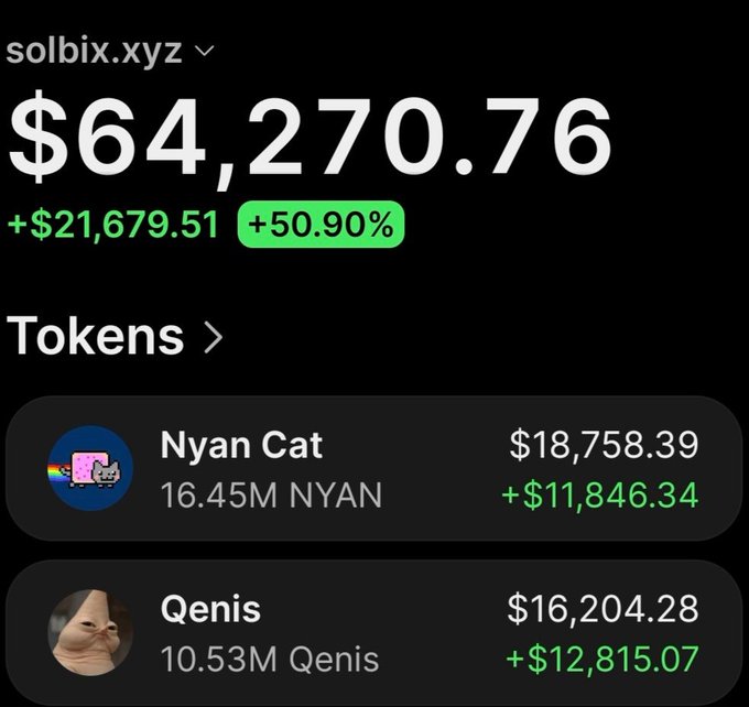A solbix.xyz wallet dashboard showing $64,270.76 in total value (up +$21,679.51 or +50.90%), with a "Tokens" section highlighting two holdings: Nyan Cat (16.45M NYAN, $18,758.39, up +$11,846.34) and Qenis (10.53M Qenis, $16,204.28, up +$12,815.07), which illustrates the poster's claim of substantial unrealized gains on $Qenis.
