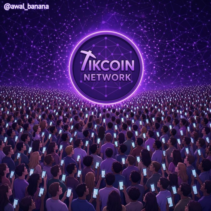 A digital illustration shows a vast crowd of people holding up smartphones with glowing screens, all facing a large circular emblem labeled "TIKCOIN NETWORK" against a purple blockchain-themed backdrop. The image visually reinforces the post's message of collective effort and persistence, depicting the TikCoin community united in support of the project's long-term vision and ongoing mining efforts.