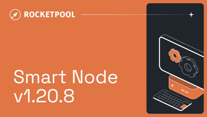 Promotional graphic for 'ROCKETPOOL' announcing 'Smart Node v1.20.8' with an illustration of a computer monitor displaying gear icons.