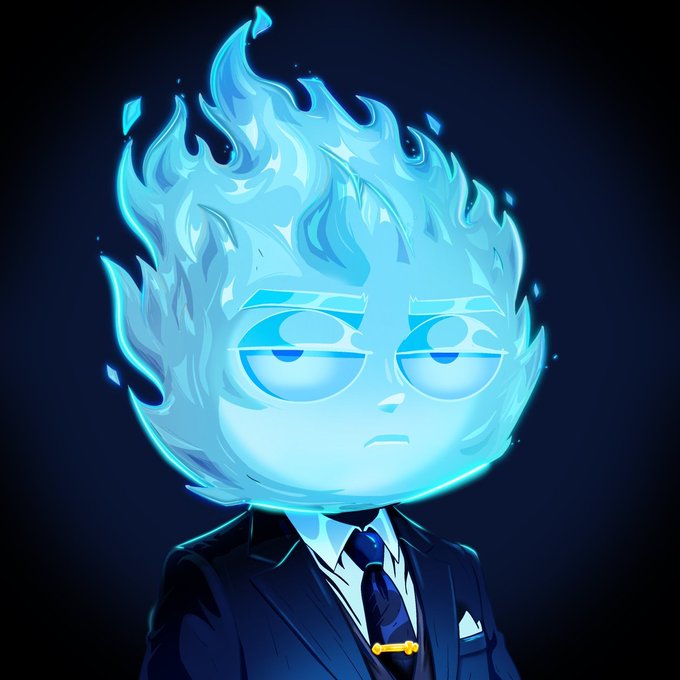 A digital illustration of an anime-style character with a blue flame-shaped head wearing a dark suit and tie against a dark background.