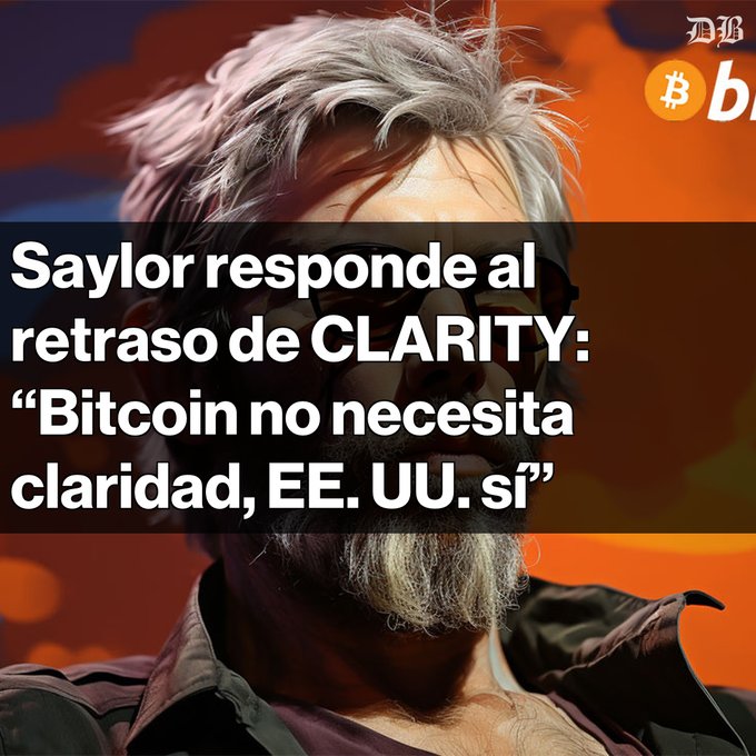 A news thumbnail featuring a stylized portrait of a bearded man with the Spanish headline 'Saylor responde al retraso de CLARITY: "Bitcoin no necesita claridad, EE. UU. sí"' alongside Bitcoin (BTC) branding.