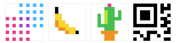 Four pixel-art compositions displayed in a row, each rendered on an 11x11 grid using colorful blocks that form abstract patterns: blue and pink squares, a diagonal yellow-orange arrangement, a green cactus with an orange pot, and a black-and-white maze-like design with a single pink dot.
