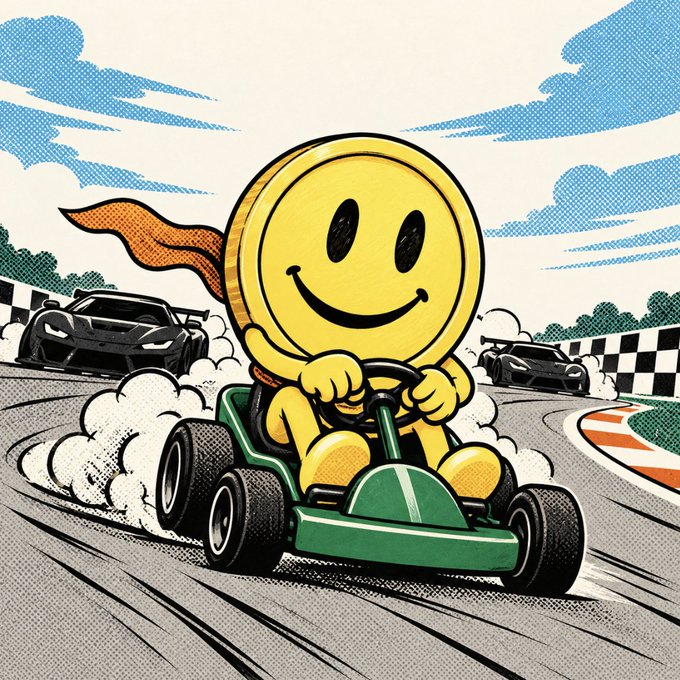 A cartoon-style illustration shows a yellow smiley face wearing an orange cape, driving a green go-kart on a racetrack with sports cars in the background.