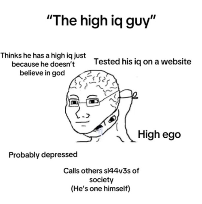 A Wojak-style meme titled 'The high iq guy' featuring a brain-faced character with various satirical labels pointing to different traits, including 'Thinks he has a high iq just because he doesn't believe in god,' 'Tested his iq on a website,' 'High ego,' 'Probably depressed,' and 'Calls others sl44v3s of society (He's one himself).'