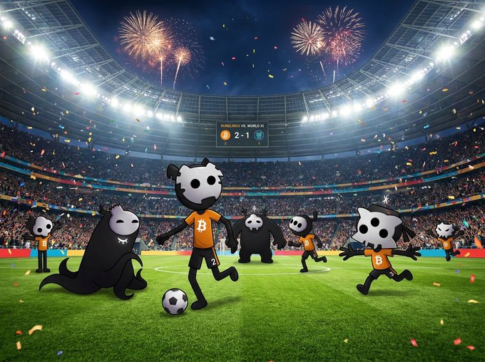 AI-generated illustration of cartoonish characters in soccer uniforms on a stadium field with fireworks and a scoreboard showing 'Bungus 2-1' celebrating a championship victory.