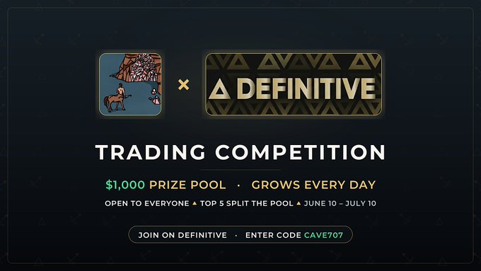 The image features a poster for an upcoming month-long trading competition sponsored by @DefinitiveFi, where two trading pools are described. The top 5 participants will split the total pool of $1,000 evenly each day over the course of the month.