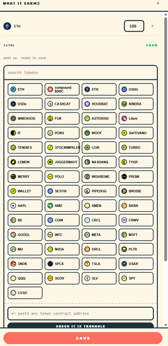 A mobile app screenshot titled 'WHAT IT EARNS' showing a search tokens interface with a grid of token logos including ETH, USDC, CASHCAT, HOODRAT, KENDRA, MERRY, NVDA, and others.