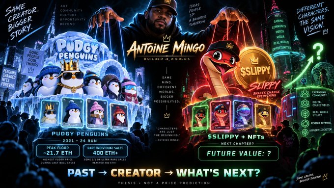 A promotional graphic titled 'Antoine Mingo' contrasts 'Pudgy Penguins' with 'Sslippy' NFTs, highlighting concepts like 'PAST', 'CREATOR', and 'WHAT'S NEXT?' along with stats like '21.7 ETH' floor price.