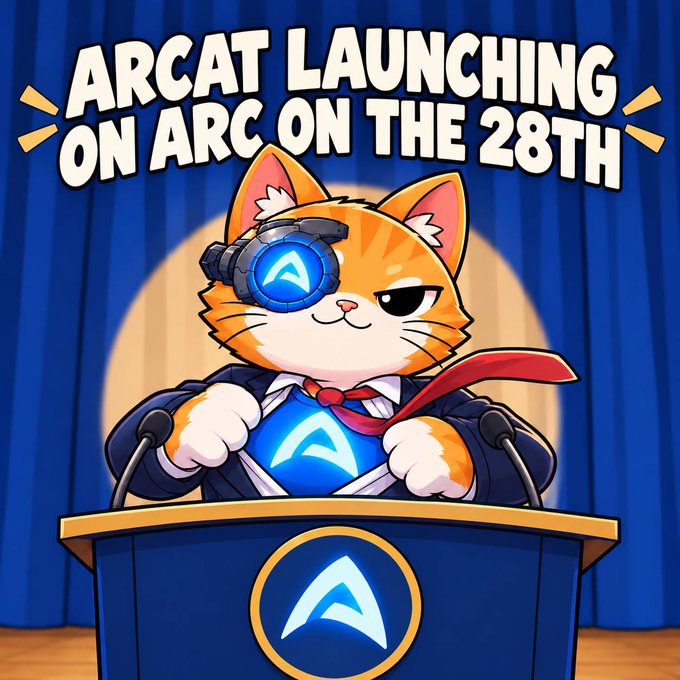 Cartoon cat with an ARC logo headset stands at a podium announcing 'ARCAT LAUNCHING ON ARC ON THE 28TH' against blue curtains.