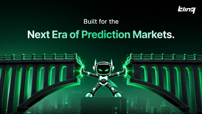 A promotional graphic with the text "Built for the Next Era of Prediction Markets" and the "kling" logo, featuring a small robot figure standing between two broken bridges against a green-toned background.