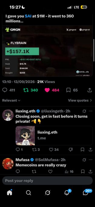 Twitter/X post screenshot showing a FLYBRAIN stock discussion with text 'I gave you SAI at $1M - it went to 360 millions...' and replies from users liuxing.eth and SolMufasa about memecoins.